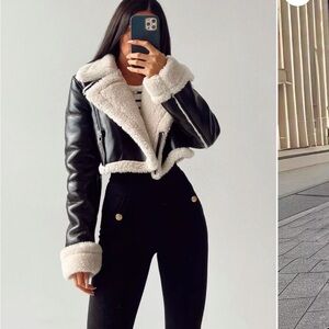 Fur Collar Cropped Faux Leather Jacket